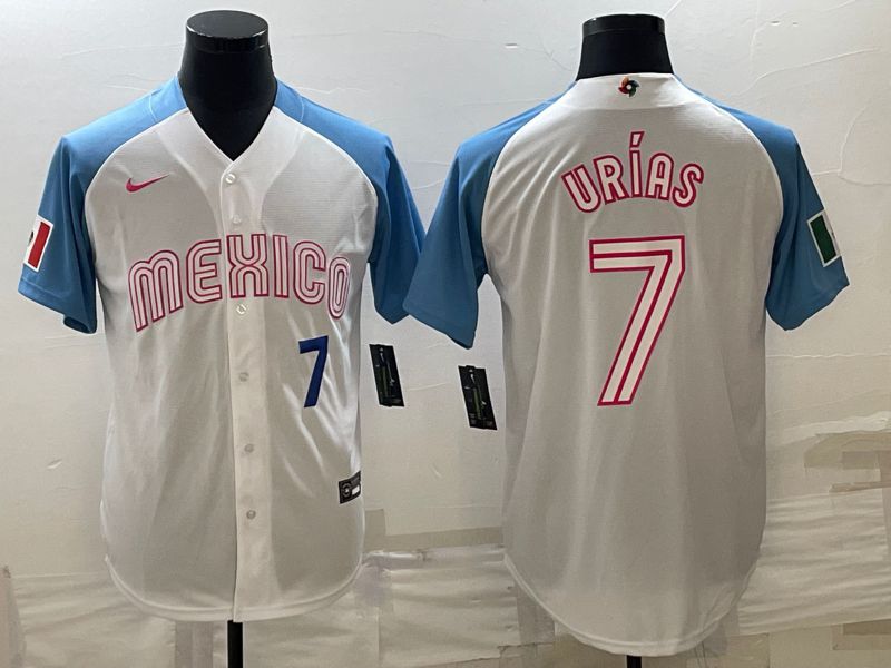 Men 2023 World Cub Mexico 7 Urias White blue Nike MLB Jersey9